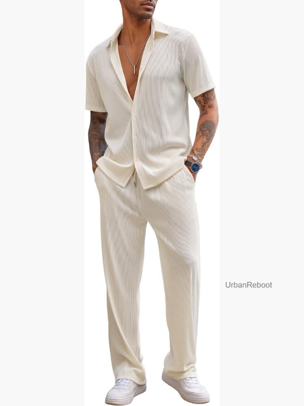 Men's 2 Piece Short Sleeve Button Down Shirt & Loose Pants Set